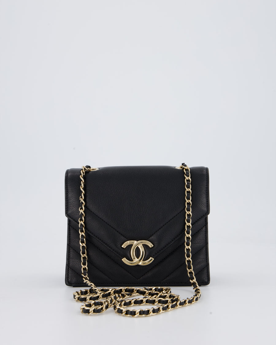 Chanel Black Mini Chevron Envelope Flap Bag in Lambskin Leather and Gold Hardware