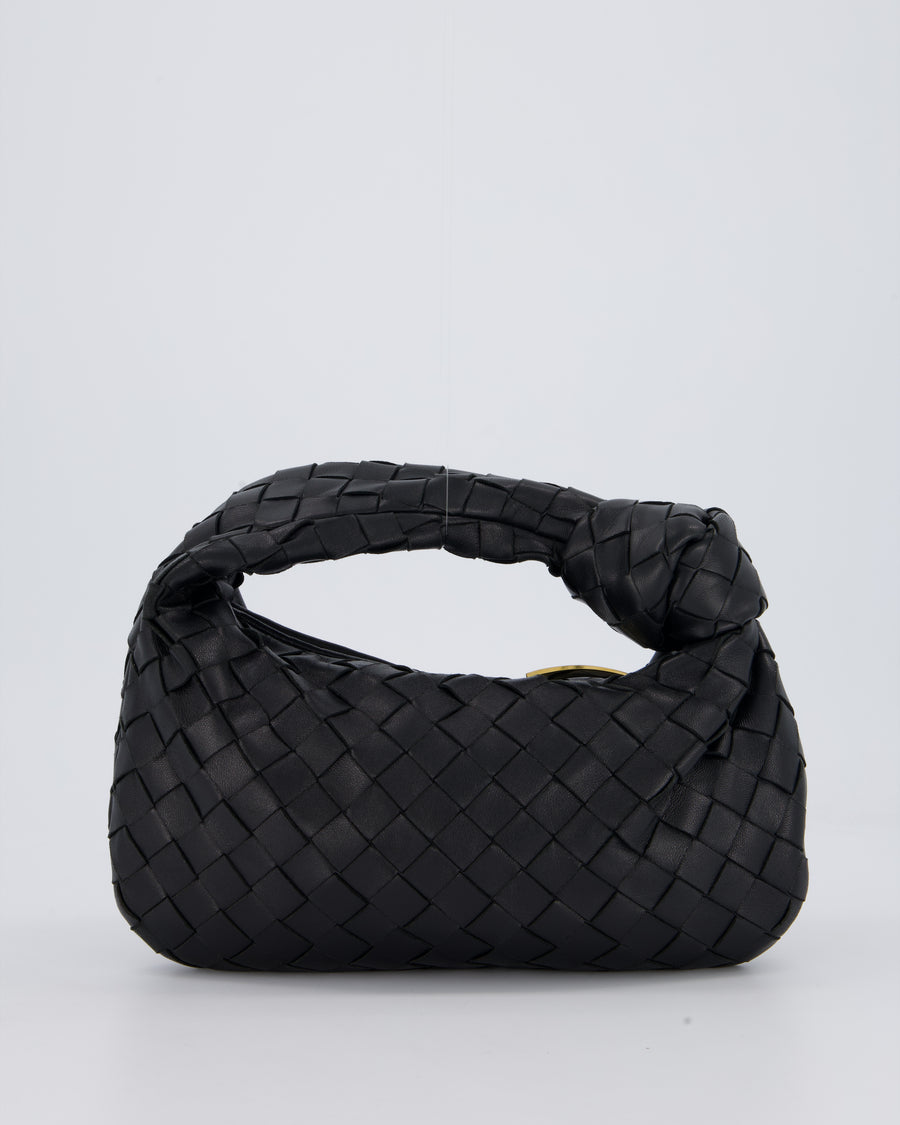 Bottega Veneta Black Mini Jodie Bag in Intrecciato Calfskin Leather with Gold Hardware