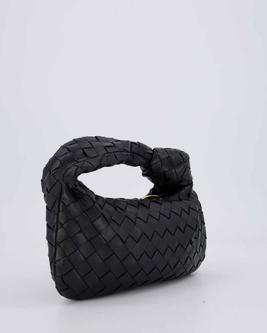 Bottega Veneta Black Mini Jodie Bag in Intrecciato Calfskin Leather with Gold Hardware