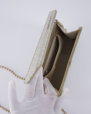 Jimmy Choo Champagne Gold Glitter Candy Clutch with Chain Detail