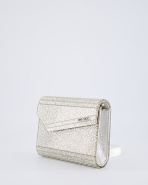 Jimmy Choo Champagne Gold Glitter Candy Clutch with Chain Detail