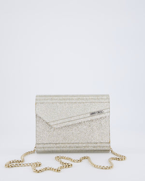 Jimmy Choo Champagne Gold Glitter Candy Clutch with Chain Detail