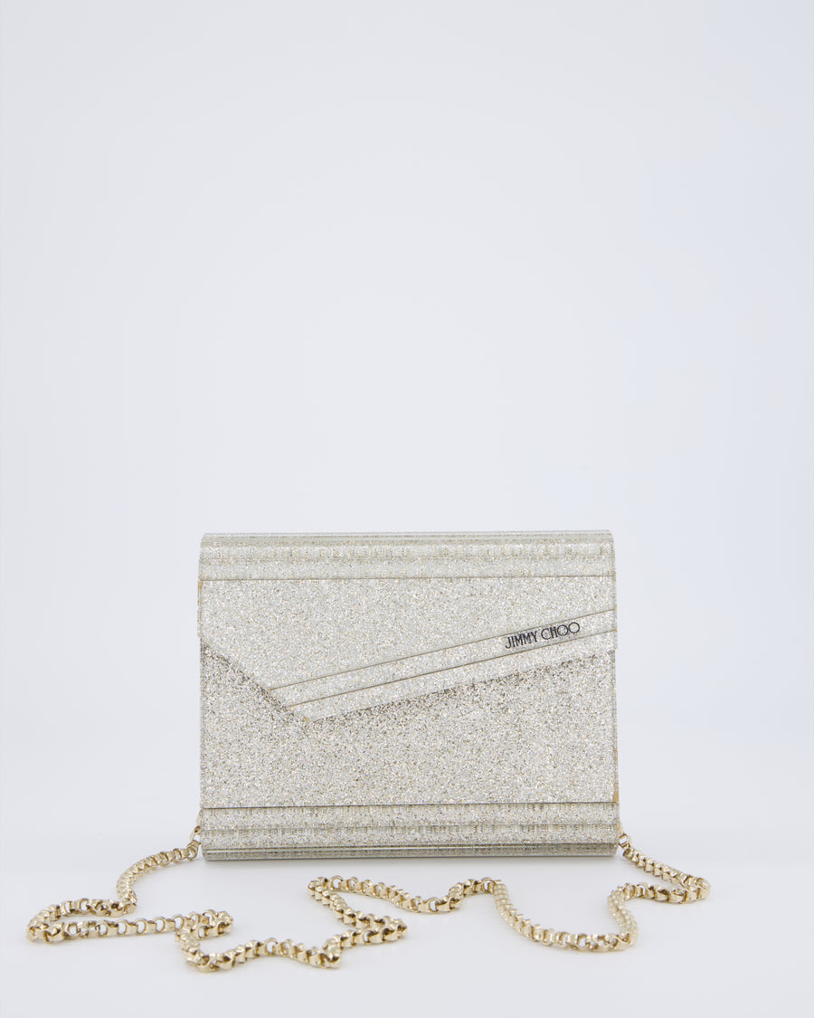 Jimmy Choo Champagne Gold Glitter Candy Clutch with Chain Detail