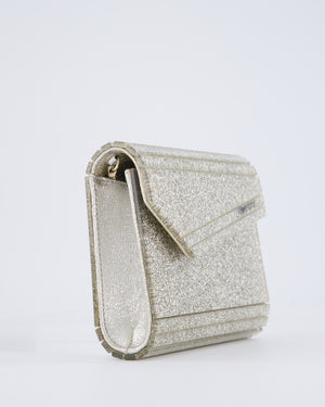 Jimmy Choo Champagne Gold Glitter Candy Clutch with Chain Detail