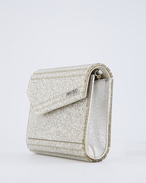 Jimmy Choo Champagne Gold Glitter Candy Clutch with Chain Detail