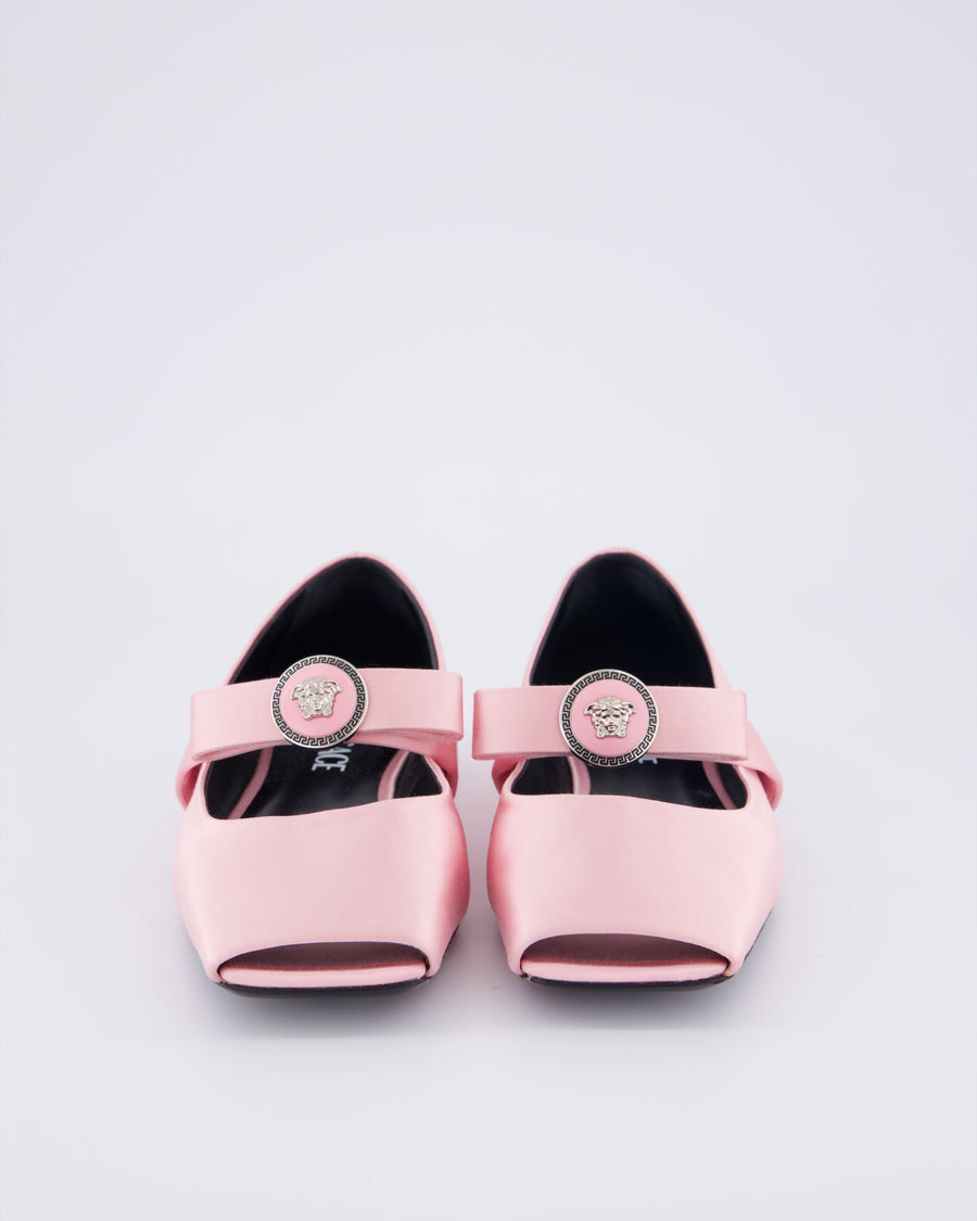 Versace Pastel Pink Satin Mary Jane Ballet Pumps with Medusa Logo Detail Size EU 38