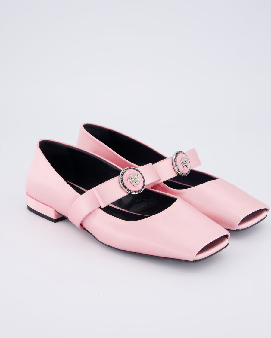 Versace Pastel Pink Satin Mary Jane Ballet Pumps with Medusa Logo Detail Size EU 38