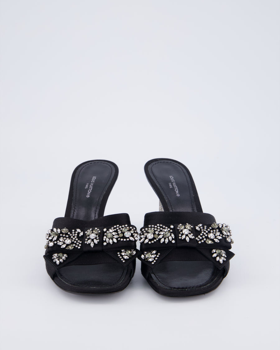 Louis Vuitton Black Satin Open Toe Silver Embellished Mules Size EU 37.5