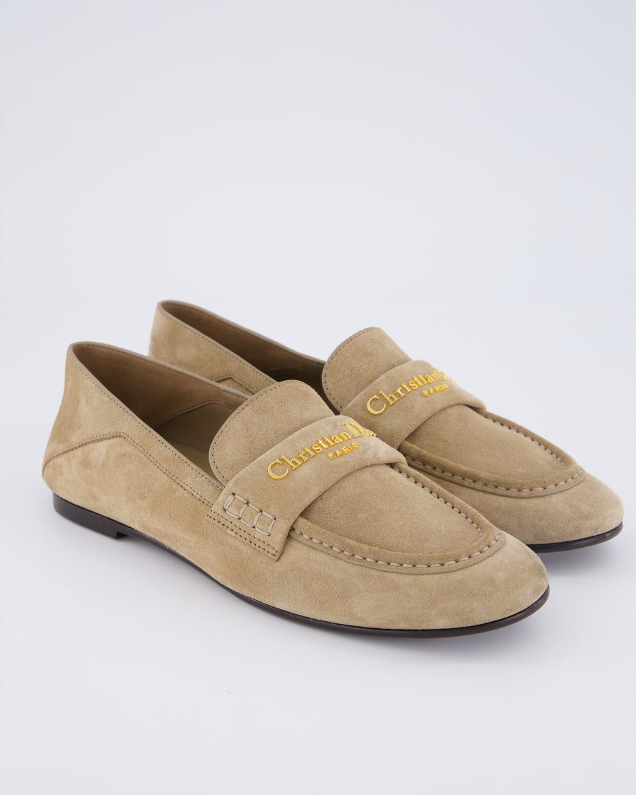Christian Dior Beige Suede with Gold Logo Plaque Loafers Size EU 38