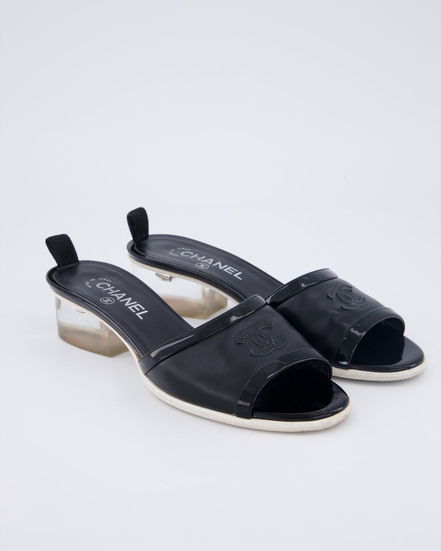 Chanel Black CC Open-Toe Sandals with Perspex Heel Detail Size EU 39