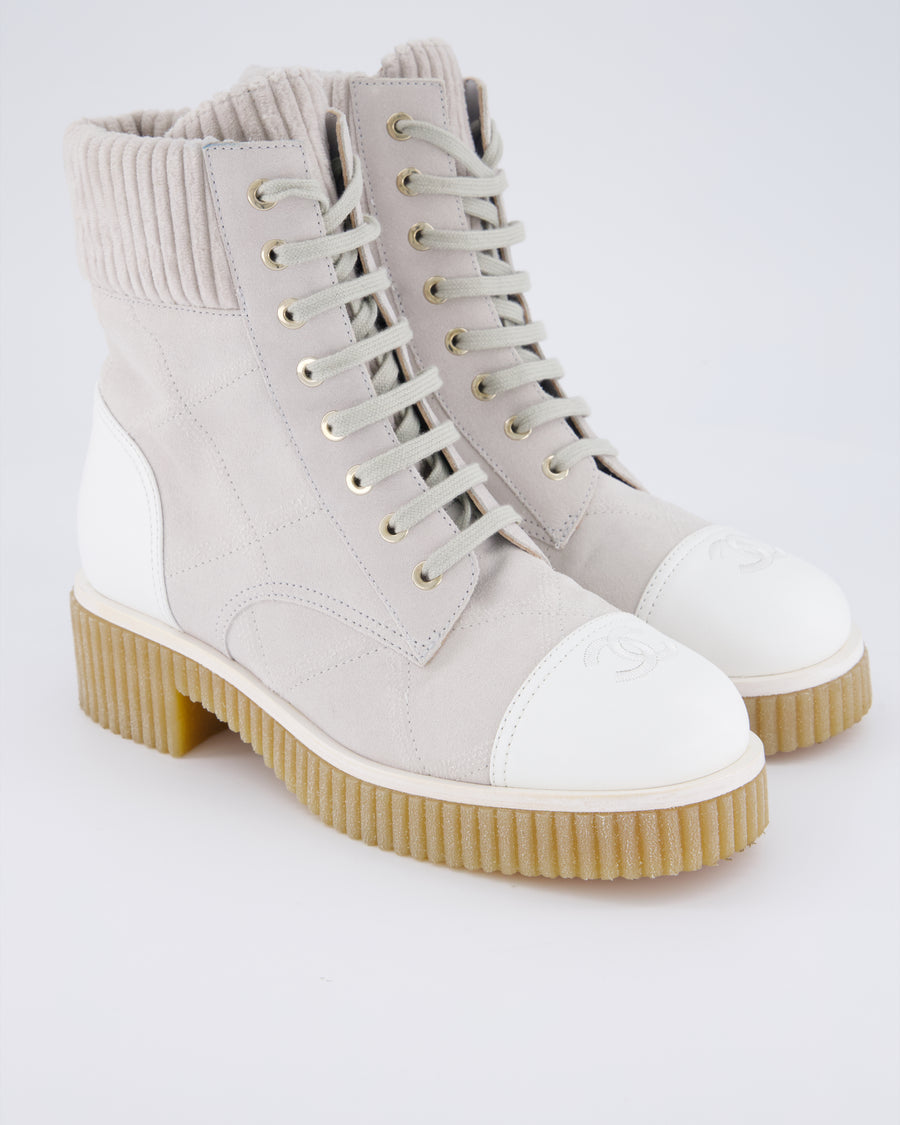 Chanel 2020 Grey Suede CC Chord Ankle Boots Size EU 38