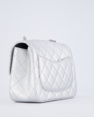Chanel Silver CC Coco Crush Mini Square Bag in Caviar Leather with Silver Hardware