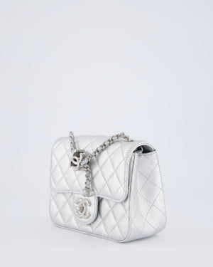 Chanel Silver CC Coco Crush Mini Square Bag in Caviar Leather with Silver Hardware