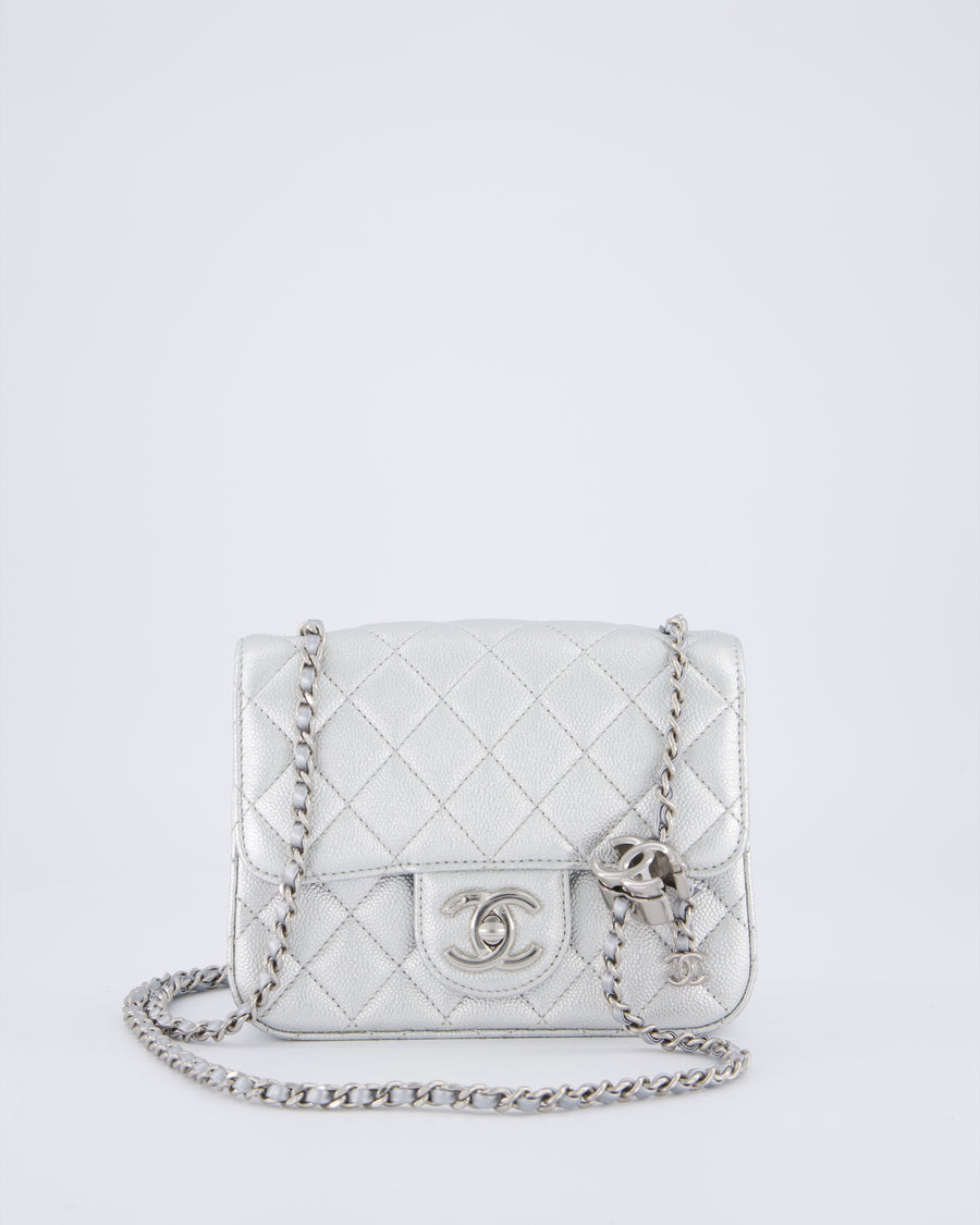 Chanel Silver CC Coco Crush Mini Square Bag in Caviar Leather with Silver Hardware