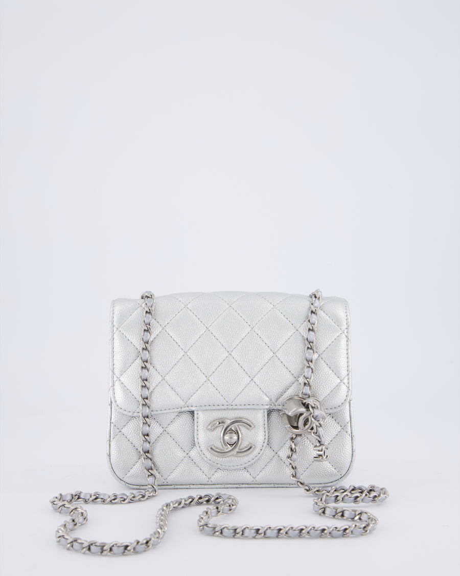 Chanel Silver CC Coco Crush Mini Square Bag in Caviar Leather with Silver Hardware