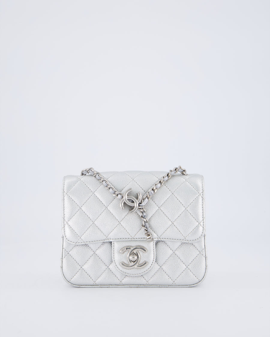 Chanel Silver CC Coco Crush Mini Square Bag in Caviar Leather with Silver Hardware