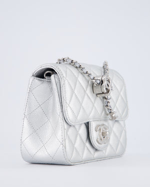 Chanel Silver CC Coco Crush Mini Square Bag in Caviar Leather with Silver Hardware