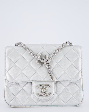 Chanel Silver CC Coco Crush Mini Square Bag in Caviar Leather with Silver Hardware