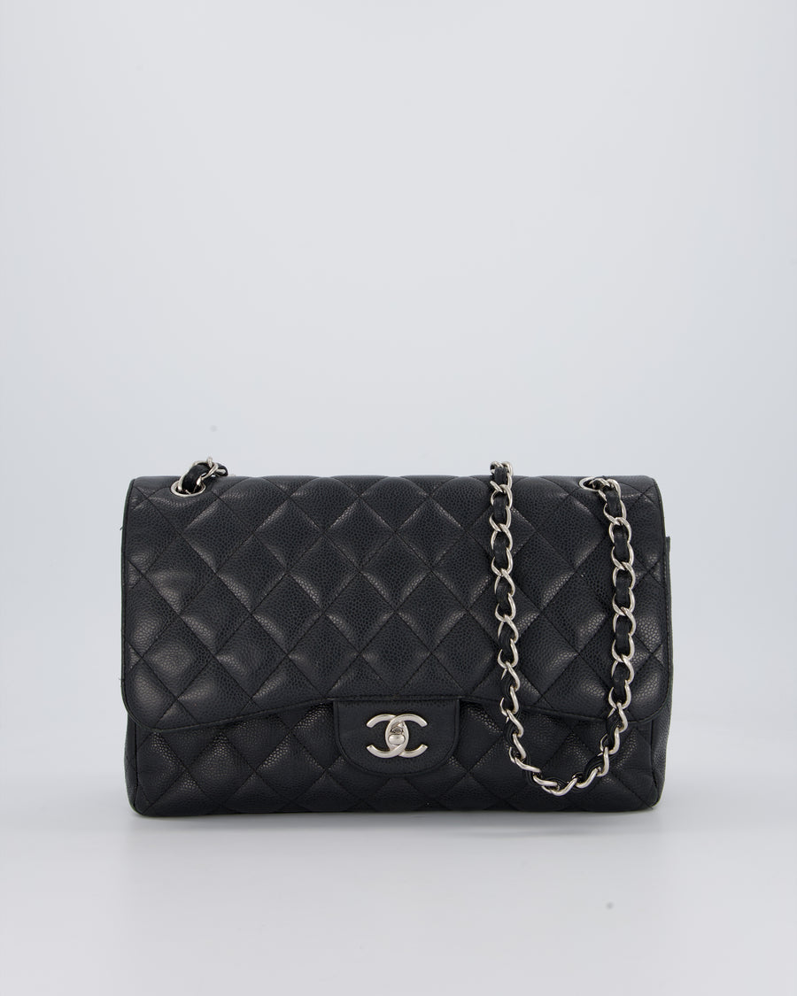 Chanel Black Jumbo Classic Double Flap Bag in Caviar Leather with Silver Hardware