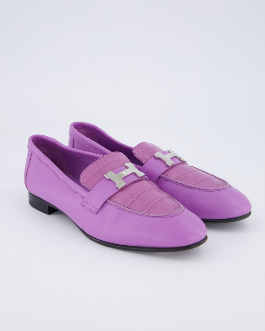 Hermès Paris Loafer in Violet Parme Calfskin & Matte Niloticus Crocodile Leather Size EU 37