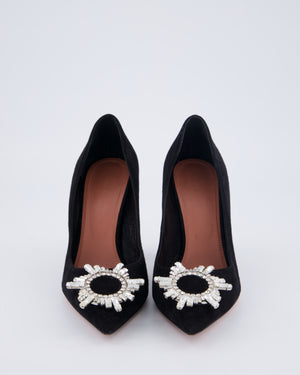 Amina Muaddi Black Begum Suede Heels with Embellished Buckle Detail Size EU 37