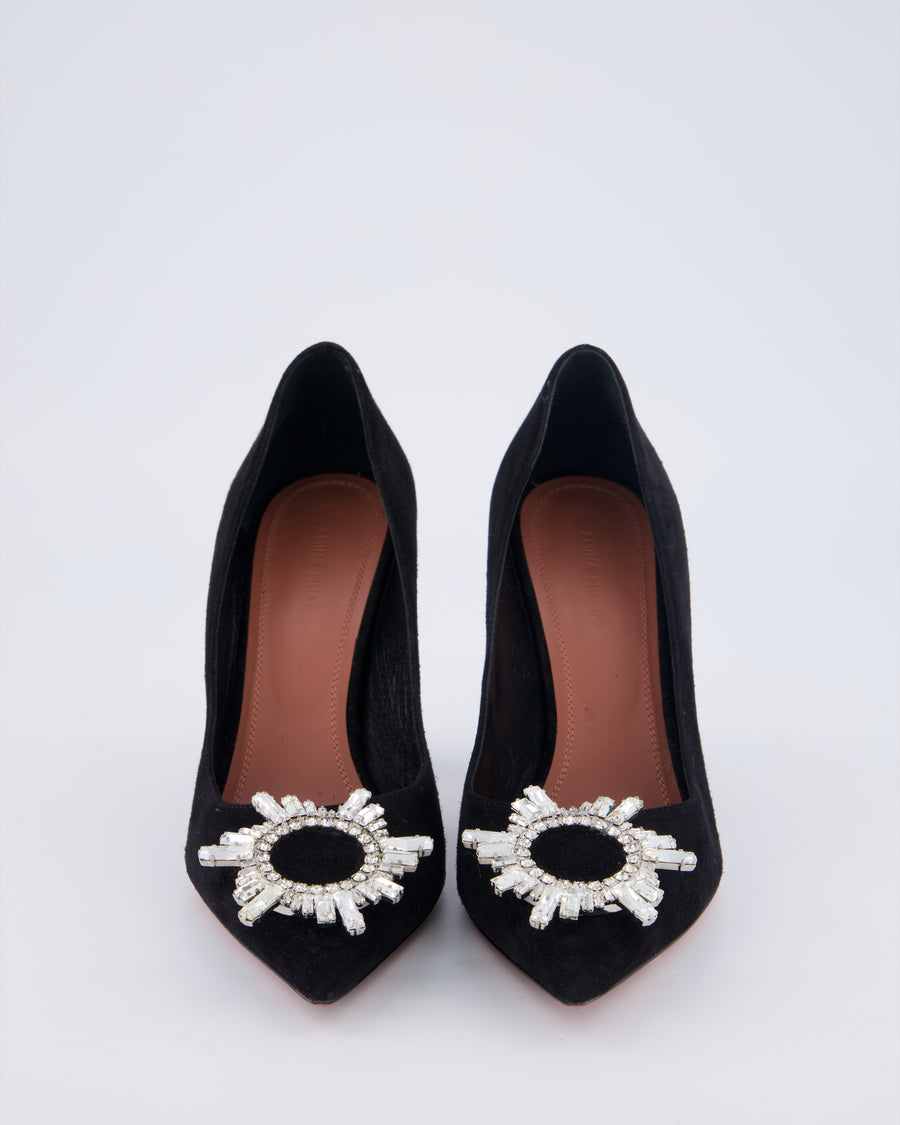 Amina Muaddi Black Begum Suede Heels with Embellished Buckle Detail Size EU 37