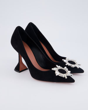 Amina Muaddi Black Begum Suede Heels with Embellished Buckle Detail Size EU 37
