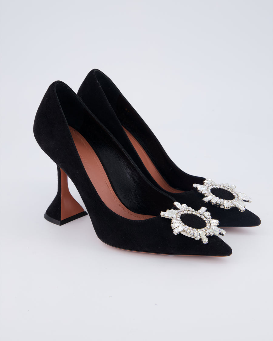 Amina Muaddi Black Begum Suede Heels with Embellished Buckle Detail Size EU 37