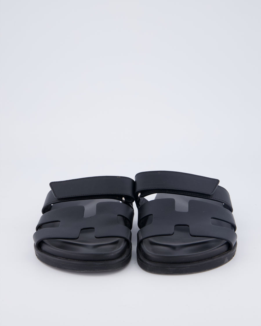 Hermès Chypre Sandals in Noir Calfskin Leather Size EU 37