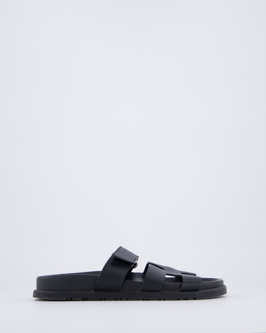 Hermès Chypre Sandals in Noir Calfskin Leather Size EU 37
