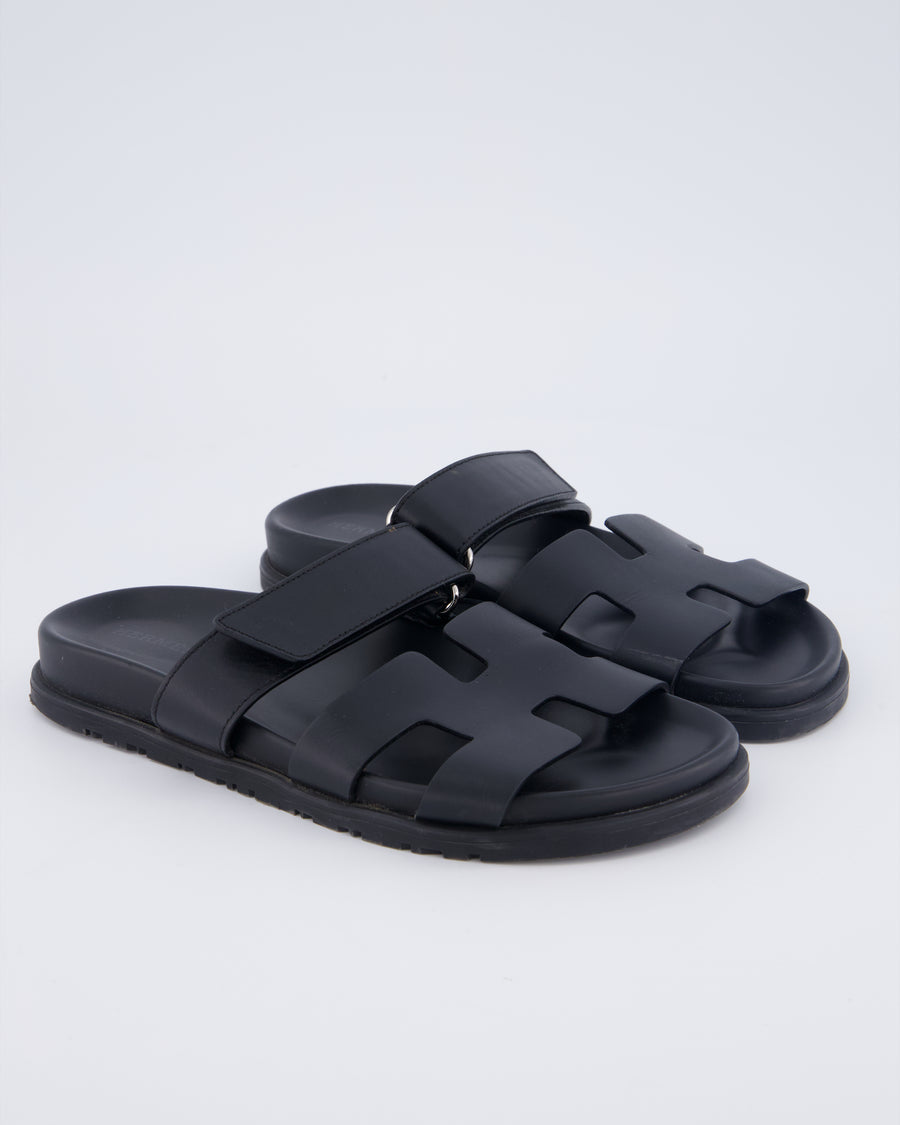 Hermès Chypre Sandals in Noir Calfskin Leather Size EU 37