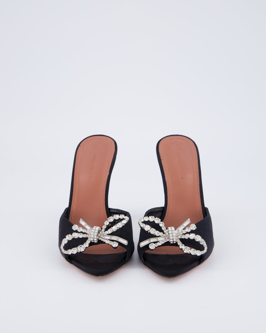 Amina Muaddi Black Rosie Open Toe Satin Heels with Embellished Bow Size EU 37