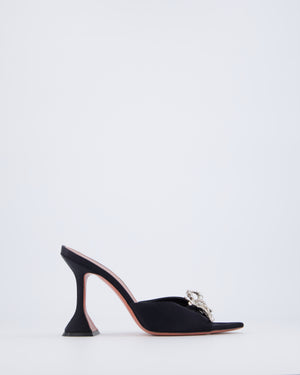 Amina Muaddi Black Rosie Open Toe Satin Heels with Embellished Bow Size EU 37
