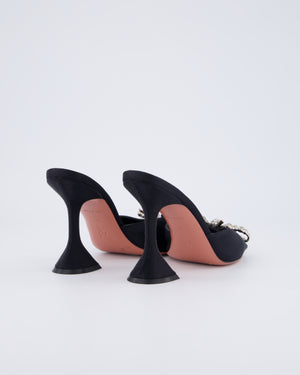 Amina Muaddi Black Rosie Open Toe Satin Heels with Embellished Bow Size EU 37