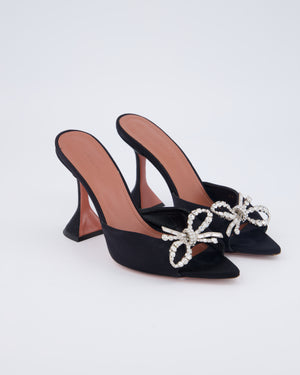 Amina Muaddi Black Rosie Open Toe Satin Heels with Embellished Bow Size EU 37