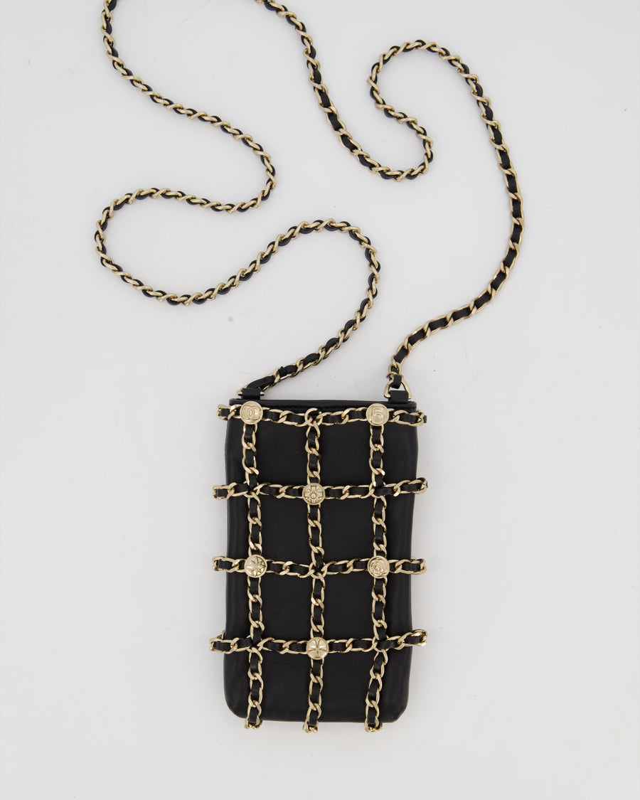 Chanel Tech Me Out Medallion Clutch with Chain in Black Lambskin Leather with Gold Hardware