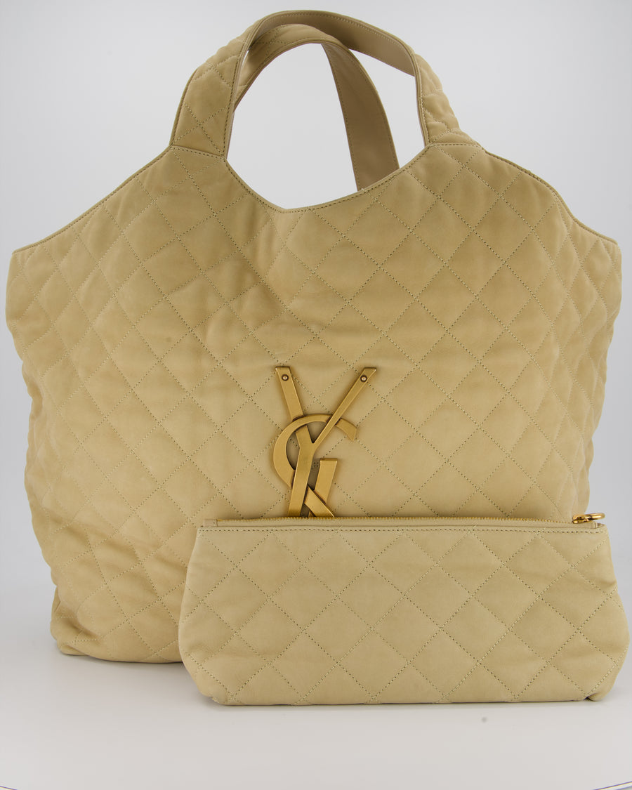Saint Laurent Beige Icare Maxi Nubuck Tote with Gold Oversized YSL Logo RRP £4,120