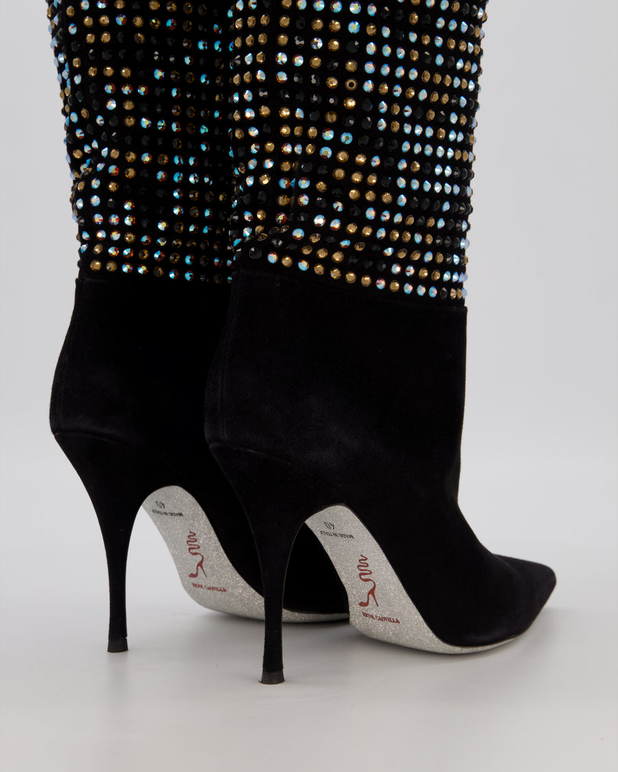 Rene Caovilla Black Suede and Multicolour Crystal Embellished Boots Size EU 40 RRP £1,450
