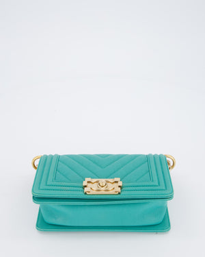 Chanel Mini Boy Bag in Teal Caviar Chevron Leather with Brushed Gold Hardware