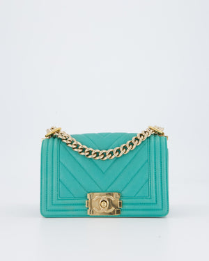 Chanel Mini Boy Bag in Teal Caviar Chevron Leather with Brushed Gold Hardware