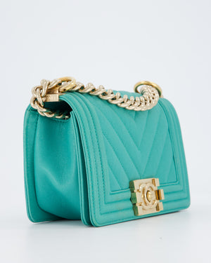 Chanel Mini Boy Bag in Teal Caviar Chevron Leather with Brushed Gold Hardware