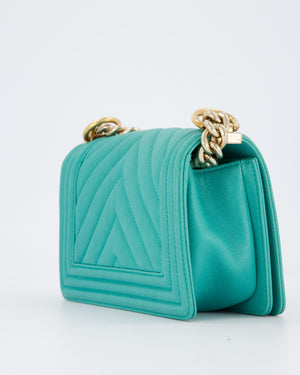 Chanel Mini Boy Bag in Teal Caviar Chevron Leather with Brushed Gold Hardware