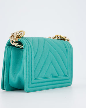 Chanel Mini Boy Bag in Teal Caviar Chevron Leather with Brushed Gold Hardware