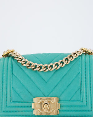 Chanel Mini Boy Bag in Teal Caviar Chevron Leather with Brushed Gold Hardware
