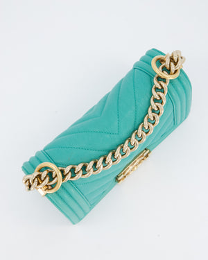 Chanel Mini Boy Bag in Teal Caviar Chevron Leather with Brushed Gold Hardware