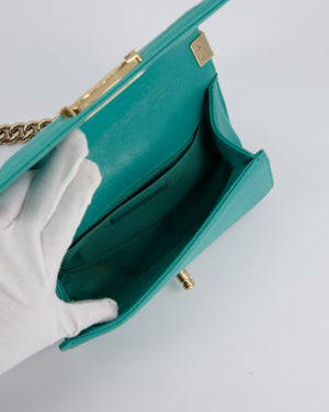 Chanel Mini Boy Bag in Teal Caviar Chevron Leather with Brushed Gold Hardware