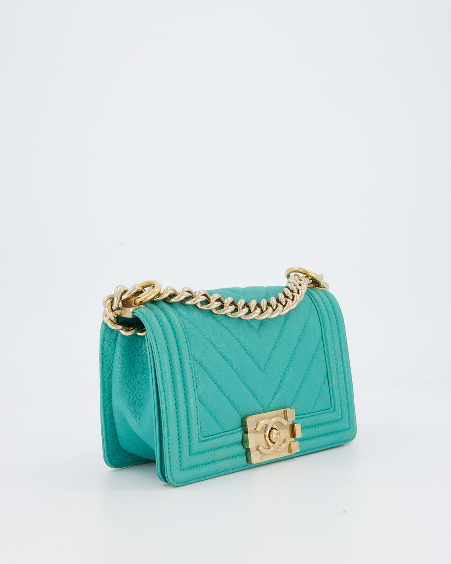Chanel Mini Boy Bag in Teal Caviar Chevron Leather with Brushed Gold Hardware