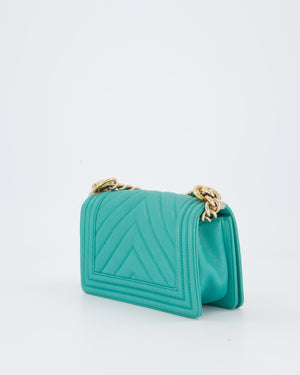 Chanel Mini Boy Bag in Teal Caviar Chevron Leather with Brushed Gold Hardware