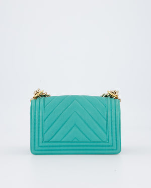 Chanel Mini Boy Bag in Teal Caviar Chevron Leather with Brushed Gold Hardware