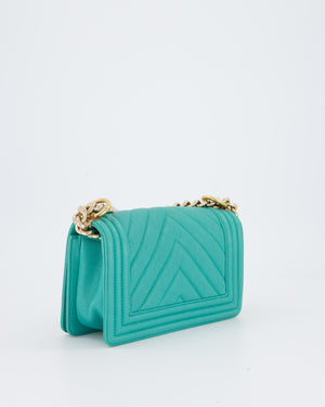 Chanel Mini Boy Bag in Teal Caviar Chevron Leather with Brushed Gold Hardware